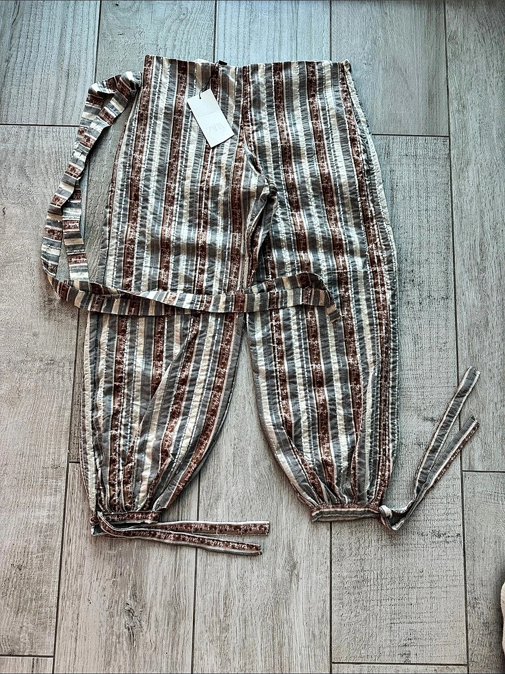 Zara Striped Sarouel Trousers with Belt Brown & White Medium